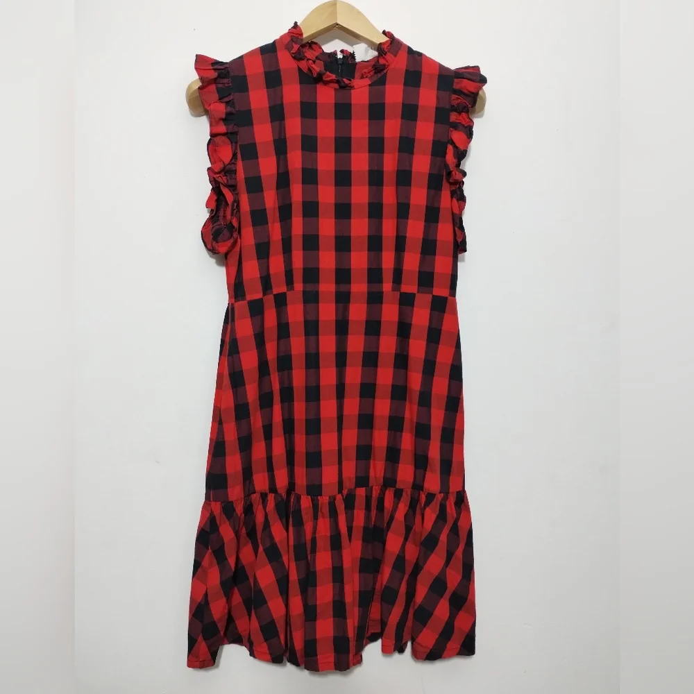 Vetiver Free People Buffalo Plaid Drop Waist Dress Women's 6 Poppy - Picture 3 of 5